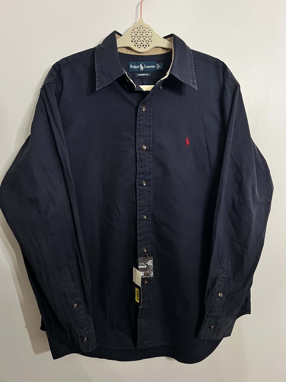 Ralph Lauren Classic Fit Mens Navy Twill Cotton Button-Up Shirt LS Size L